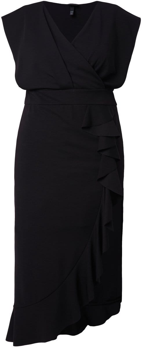 Ulla Popken - Dames - Jersey maxi-jurk ruche V-hals mouwloos - Zwart - Maat 54