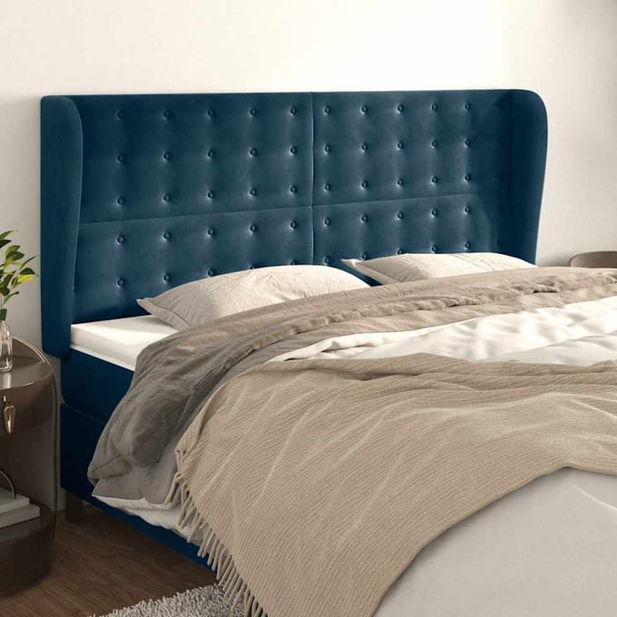vidaXL - Hoofdbord - met - randen - 203x23x118/128 - cm - fluweel - donkerblauw