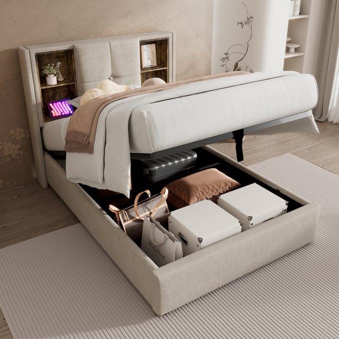 MODFU Bedframe 90x200 cm – Naturel linnen met draadloos laden & 4 vakken – Hydraulisch