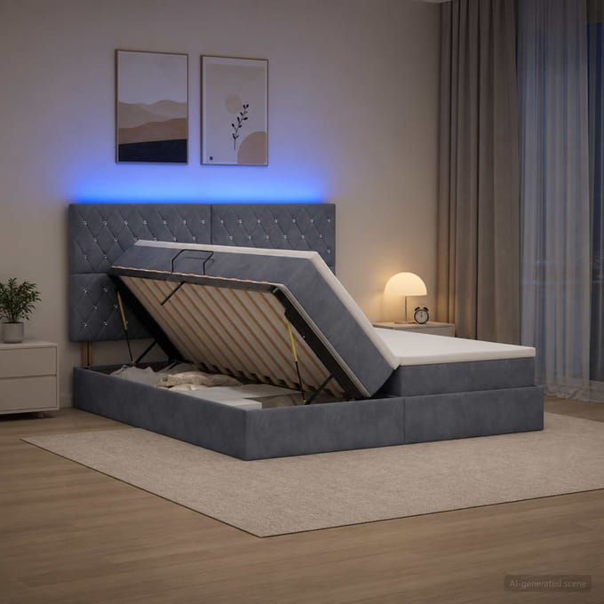 vidaXL - LED - opbergbed - met - matras - Donkergrijs - 200 - x - 200 - cm - Fluweel