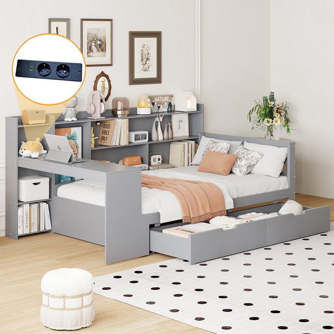 MODFU Bedframe 90x200 cm van massief hout – grijs – multifunctioneel met bureau, planken, 2 lades en stopcontact