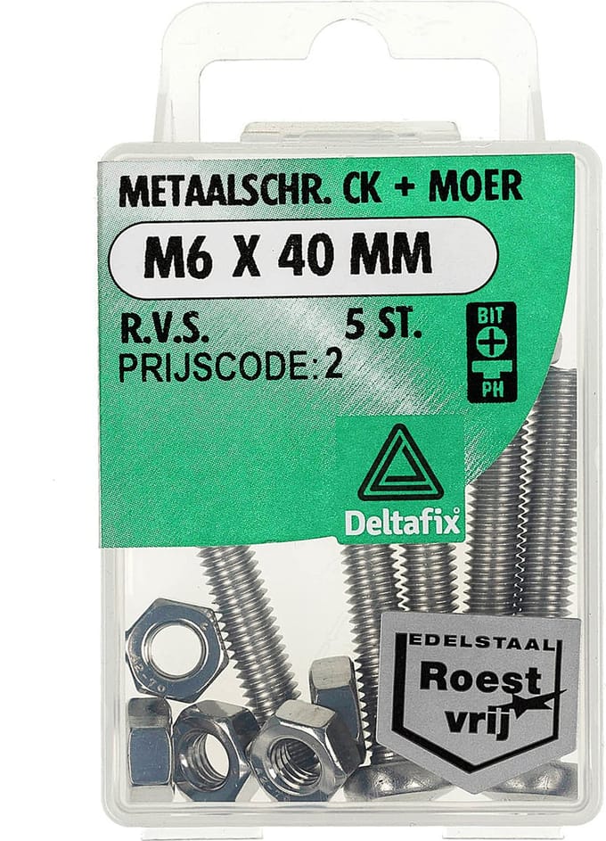 Deltafix. Bout+ MOER M6 x 40 MM. R.V.S. 5 Stuks metaal schroeven. Cilinder-gleuf- kop.