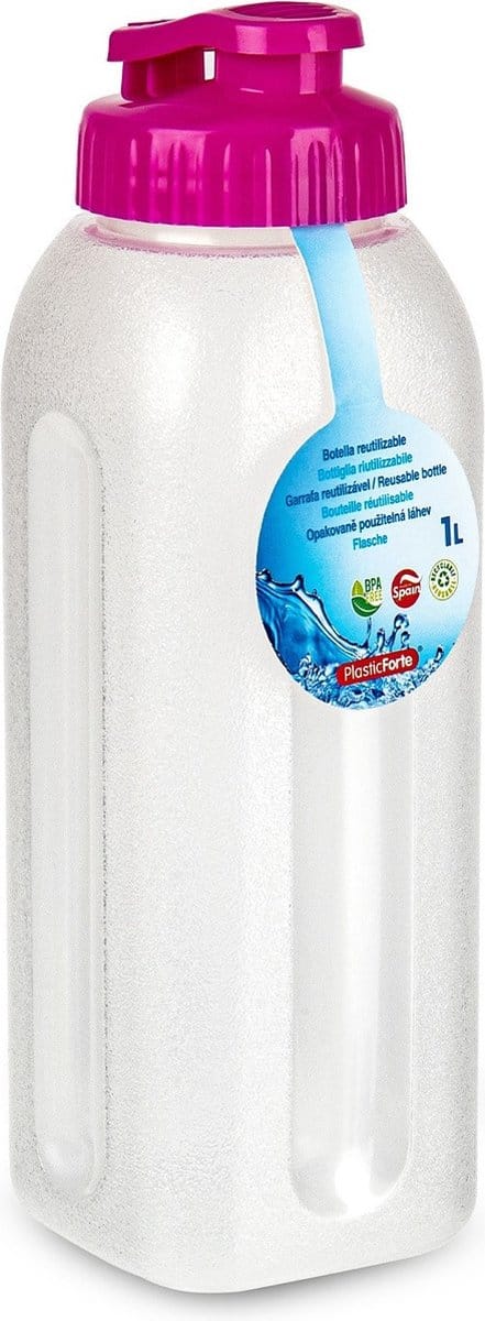 Plasticforte Drinkfles/waterfles/bidon - 1000 ml - transparant/roze - kunststof