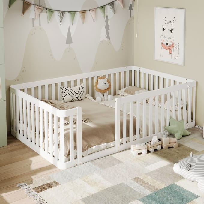 PHOEBE CAT Kinderbed - 90 x 200 cm - Met veiligheidshekjes - Houten bedframe - Geen lattenbodem - Wit