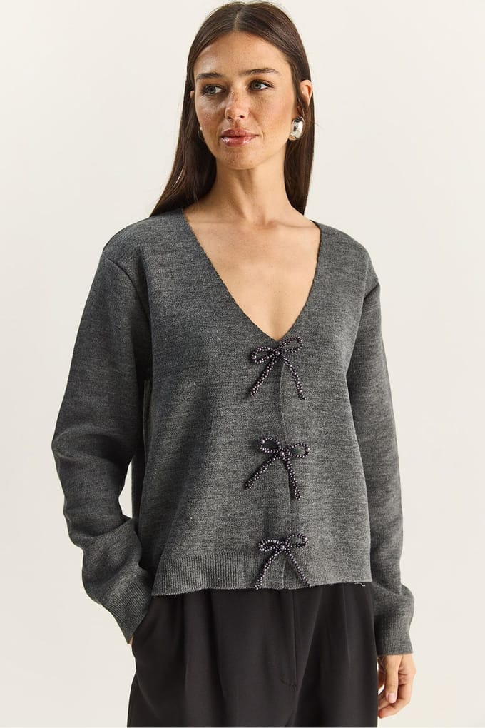 Geknoopte Gedetailleerde V-Hals Cardigan