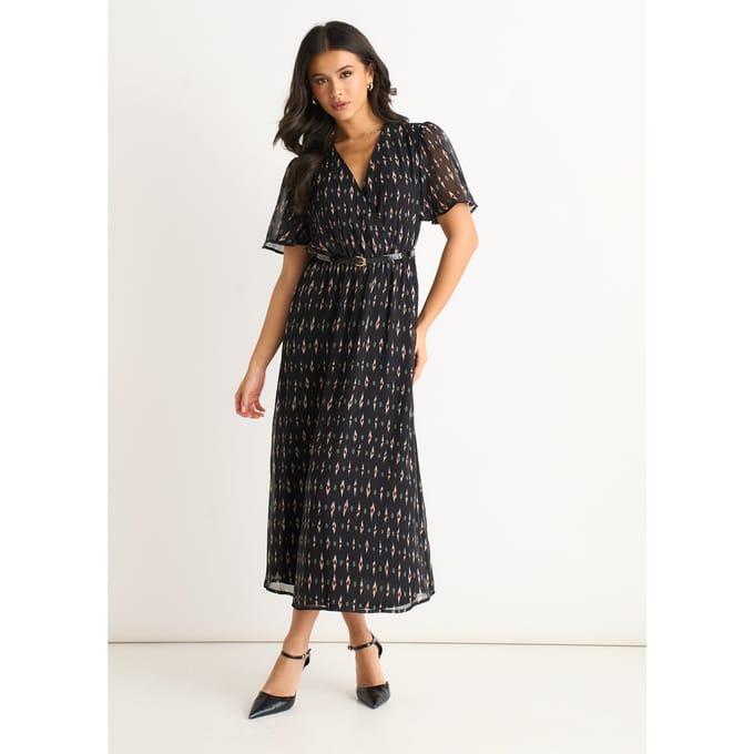 Zwarte midi-jurk van zijde met geometrische print