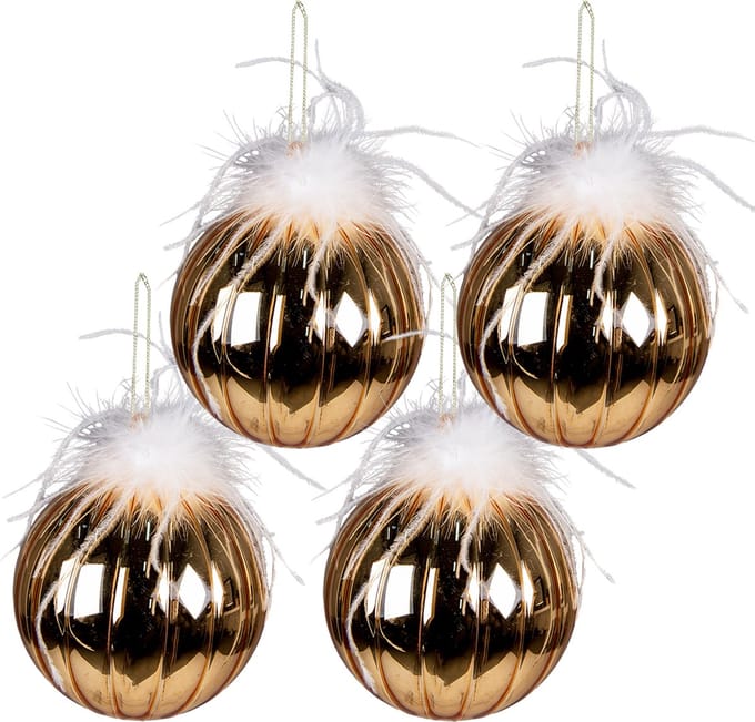 Clayre & Eef Kerstbal Set van 4 Overig Ø 12 cm Goudkleurig Wit Glas Kerstballen