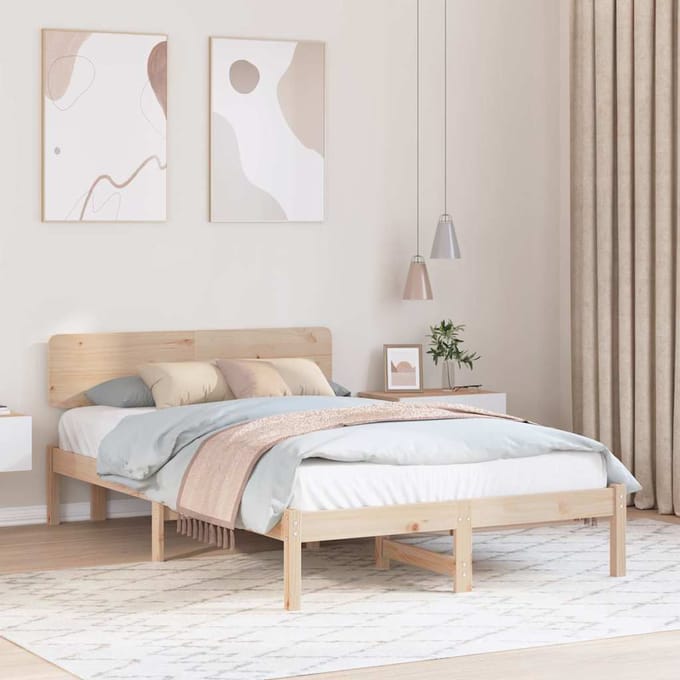 vidaXL - Bedframe - met - hoofdeinde - Naturel - 135 - x - 190 - cm - Massief - grenenhout