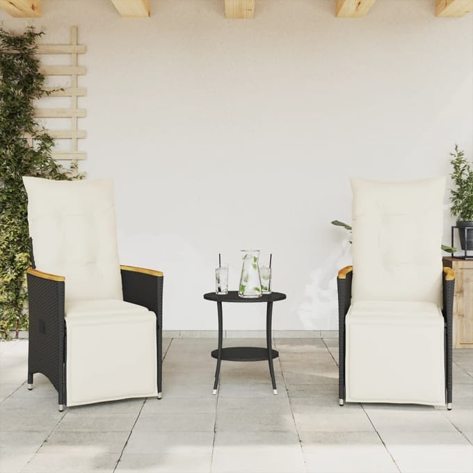 vidaXL - 3-delige - Bistroset - met - kussens - poly - rattan - zwart