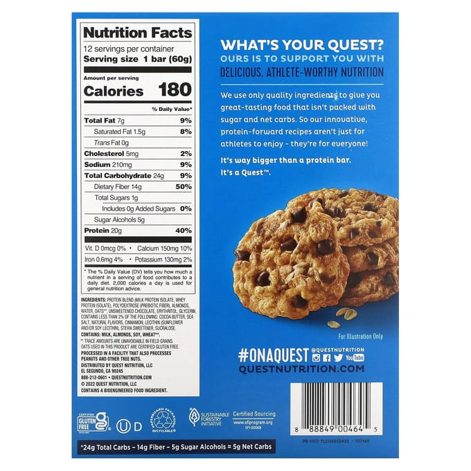 Quest Nutrition, Barres MRE, Flocons d'avoine Pépites de chocolat, 12 barres, 60 g (60 g) chaque