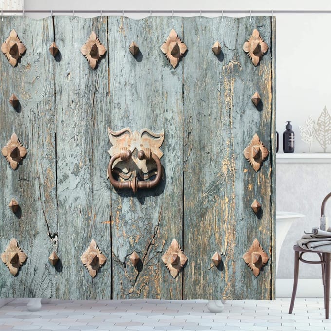 ABAKUHAUS gotisch Douchegordijn, Europäische Gebäudetür, Stoffen Badkamerdecoratieset met Haken, 175 x 200 cm, Turkoois