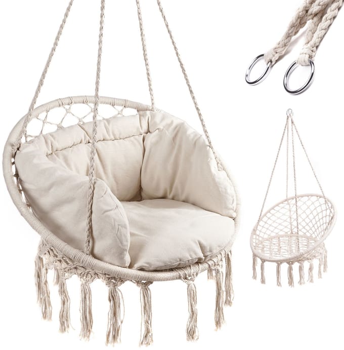MOZY® - Hangstoel - tot 150 kilo - Beige - met Kussen - 80 x 74 cm - Macrame - Schommelstoel