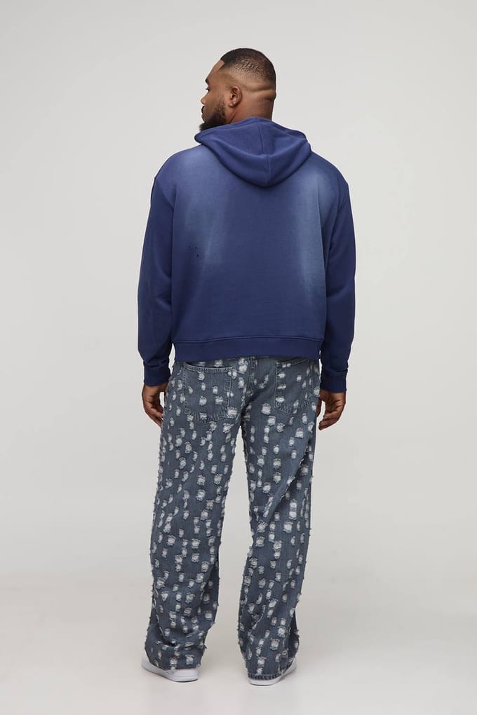 Plus oversized boxy Heren Western Spray Wash Distressed Hoodie | Navy | Size 4XL