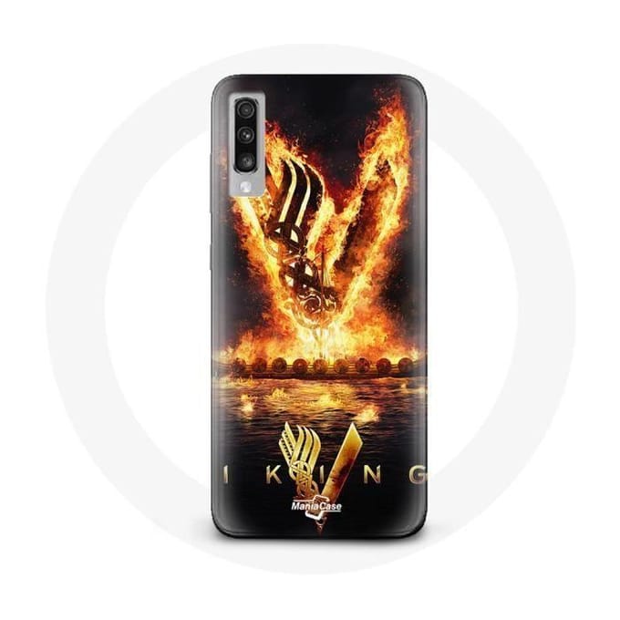 Case voor Samsung Galaxy A50 Vikings Series Seizoen 6 logo V Sword of Fire Zwarte achtergrond