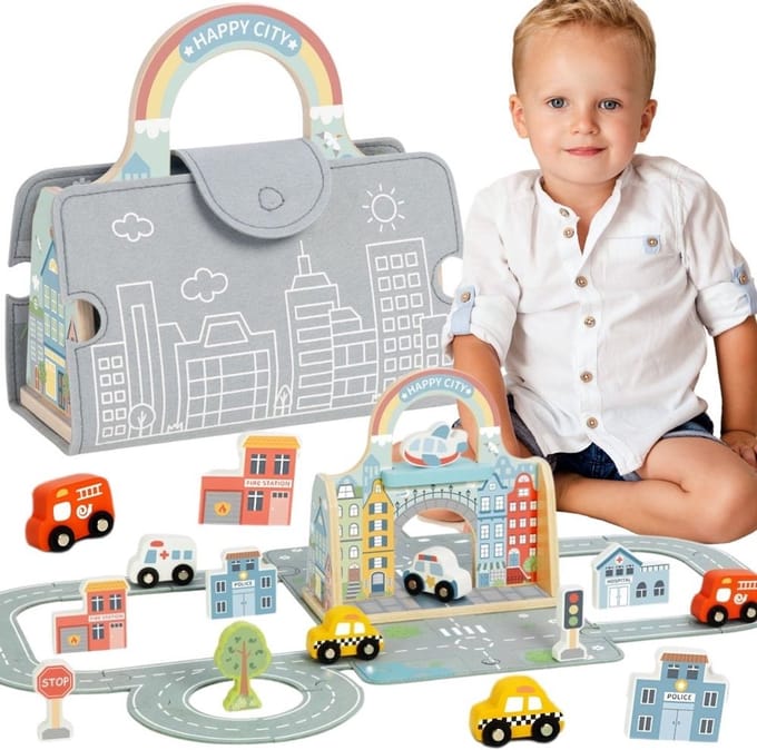 Tooky Toy Mini City draagbare autotassenset - UNI