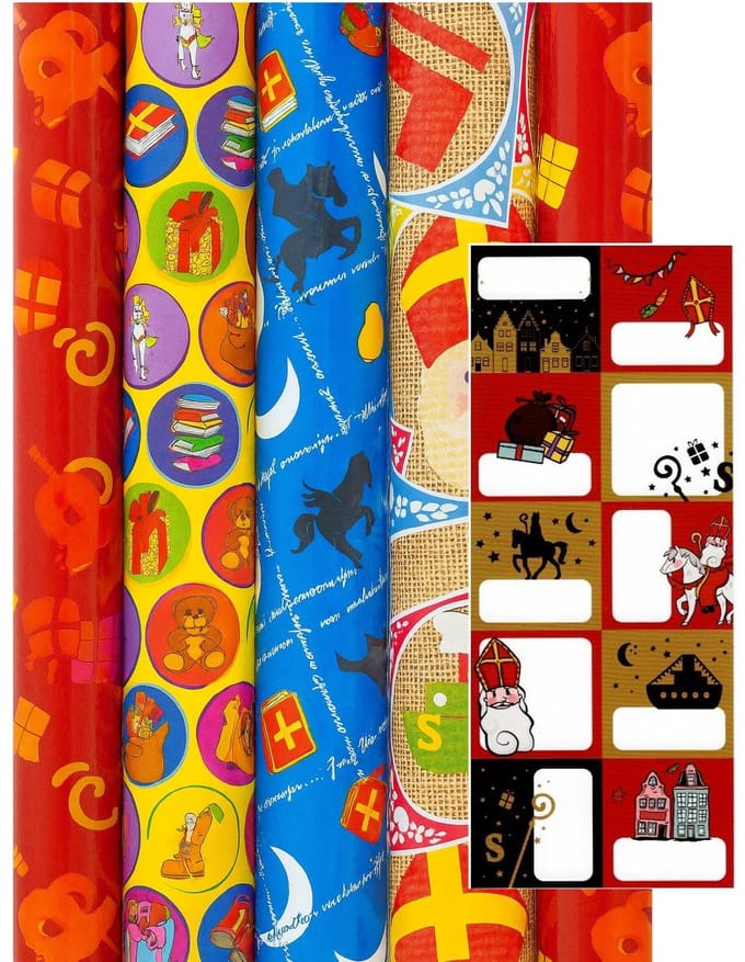 Sinterklaas cadeaupapier - Inpakpapier - 200 x 70 cm - 5 rollen 20 inclucief naamlabels