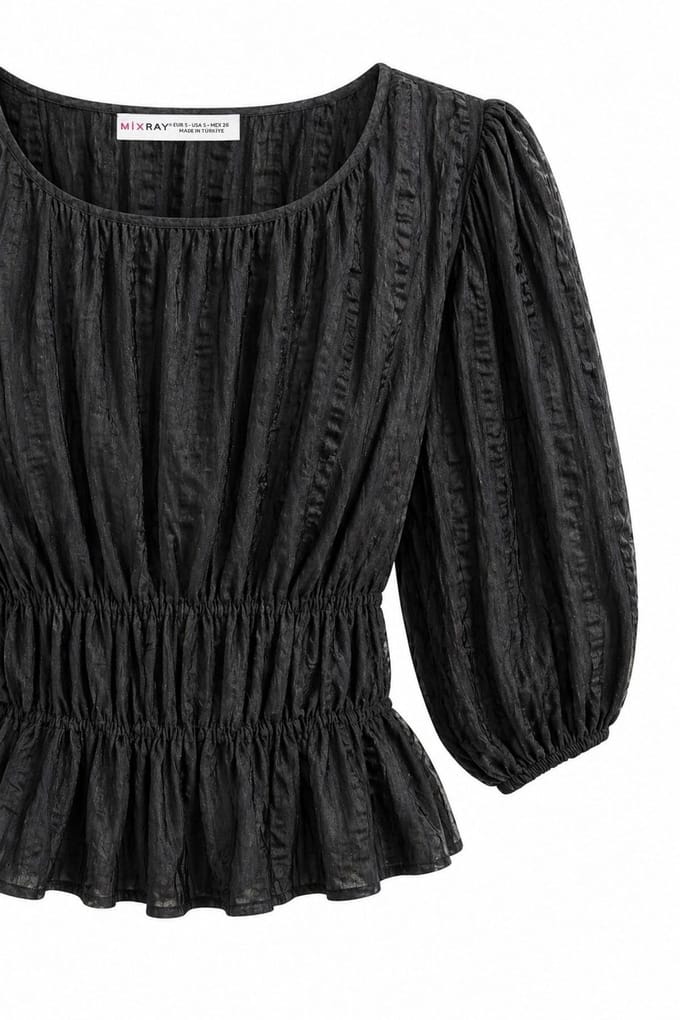 Gestructureerde U-Kraag Driekwart Mouw Peplum Blouse