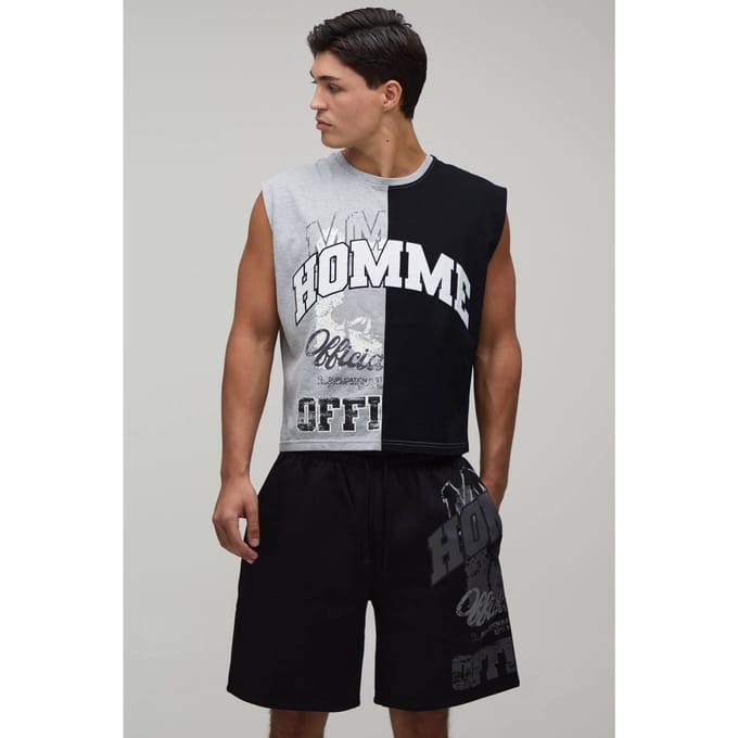 Boxy Length Spliced Homme Applique Tank & Baggy Short Set | Grey Marl | Size Medium