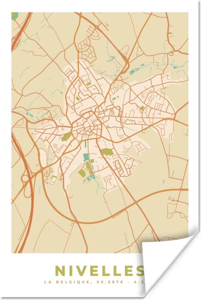 Poster Vintage - Nivelles - Kaart - Plattegrond - Stadskaart - 20x30 cm