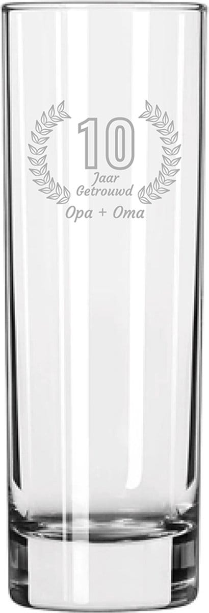 Gegraveerde Longdrinkglas 22cl Opa + Oma 10 jaar getrouwd