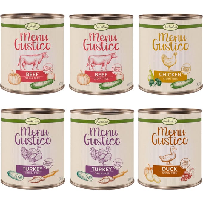 Voordeelpakket Lukullus Menu Gustico 24 x 800 g Hondenvoer - Mix: Kalkoen, Rund, Kip & Eend