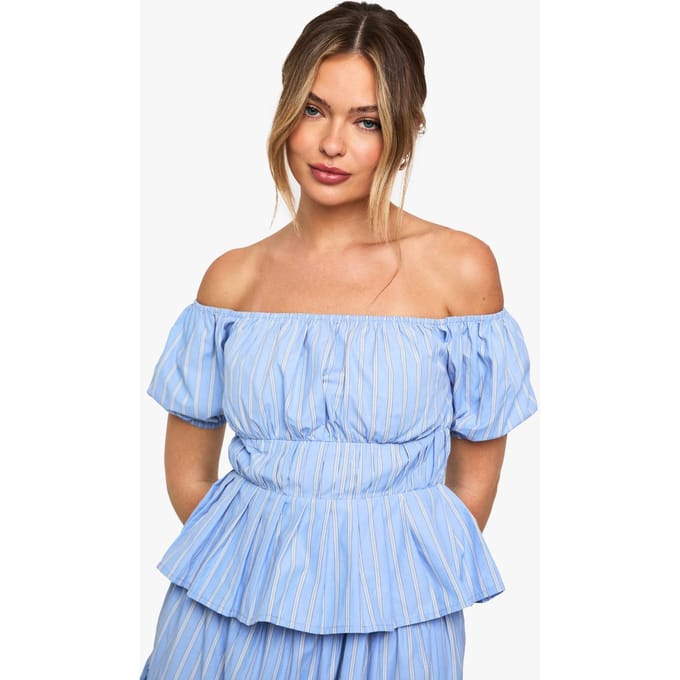 boohoo Dames Stripe Poplin Bardot Top | Blue | Maat: 6