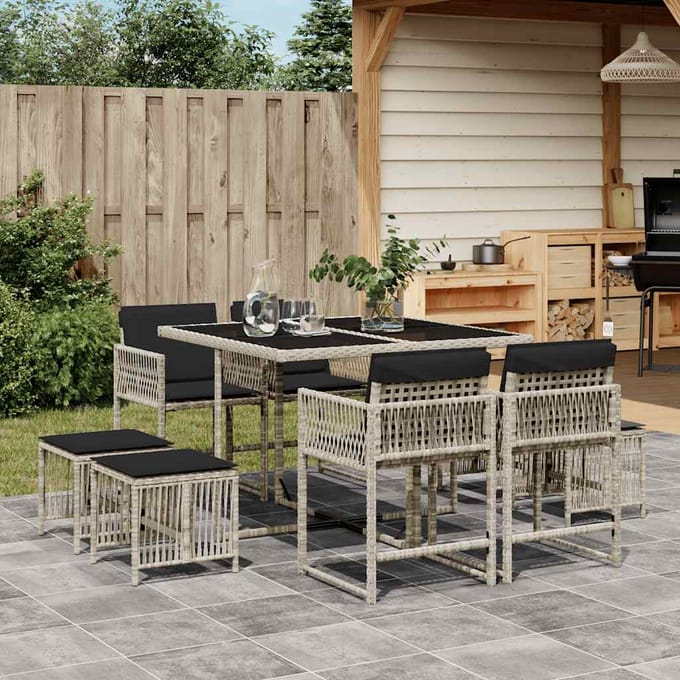 vidaXL - 9-delige - Tuinset - met - kussens - poly - rattan - lichtgrijs