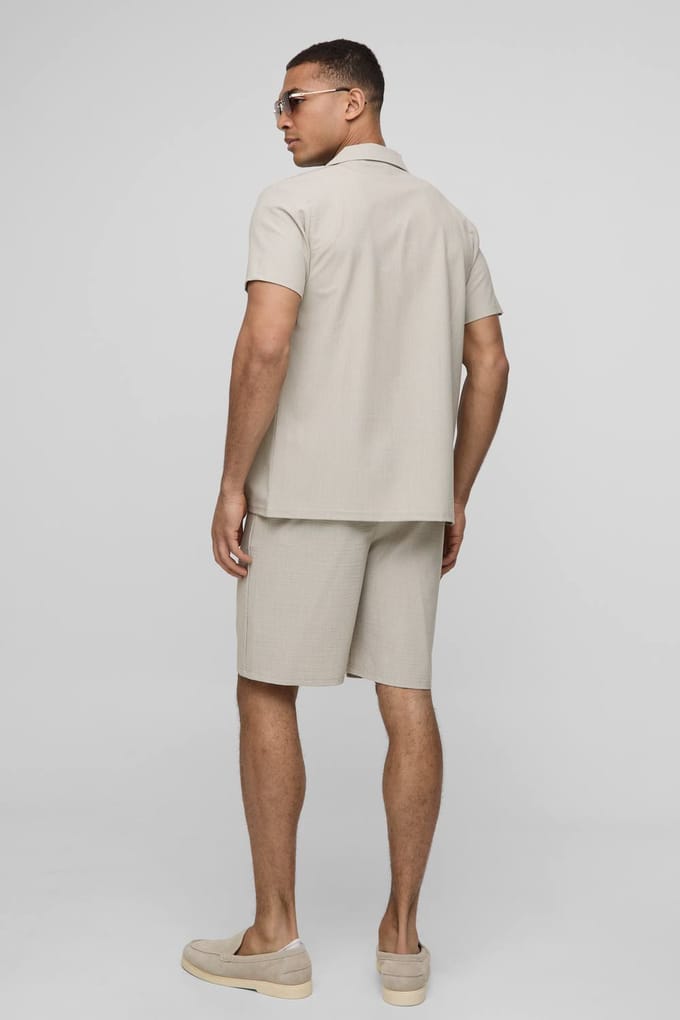 Regular Fit Seersucker Streep Overhemd & Shorts Set | Stone | Size XL