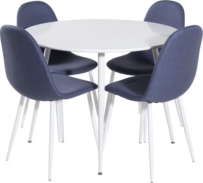 PlazaWHWH100 eethoek eetkamertafel wit en 4 Polar eetkamerstal blauw, wit.