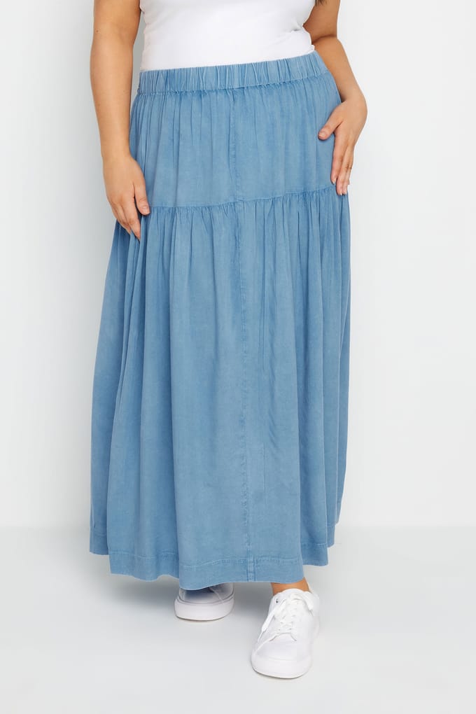 Yours Chambray Midi Rok Met Lagen In Blauw Size 48