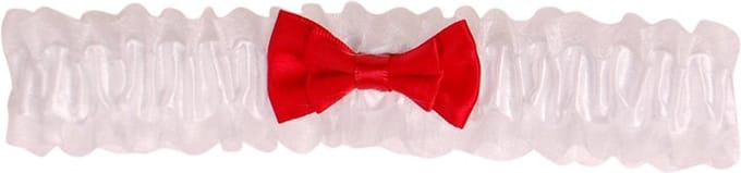 Kousenband grote maat - wit met rood strikje
