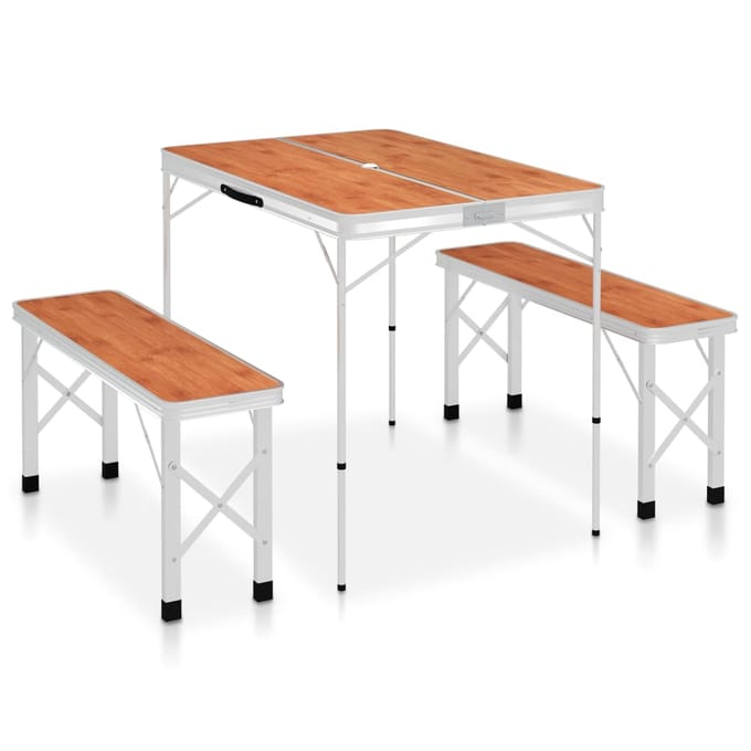 vidaXL - Campingtafel - inklapbaar - met - 2 - banken - aluminium - bruin