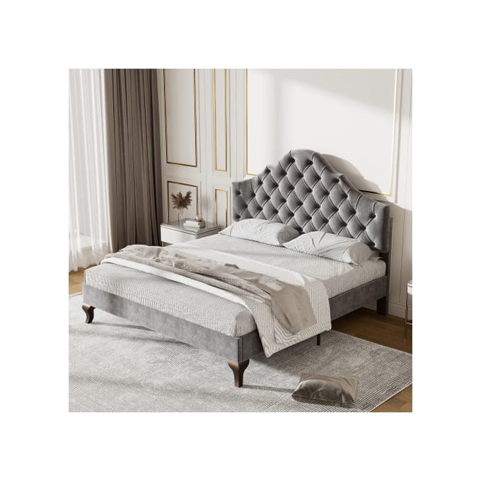 Lit rembourré - MUVOE - 140x200 cm - Tête de lit réglable - Velours gris - 2 places gris