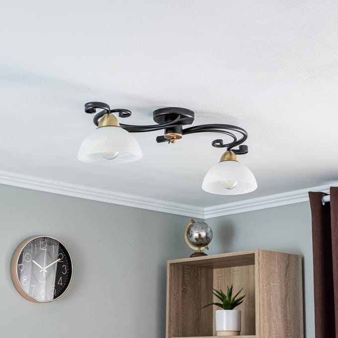 Luminex Plafondlamp Flora, 2 glazen kappen, zwart/messing