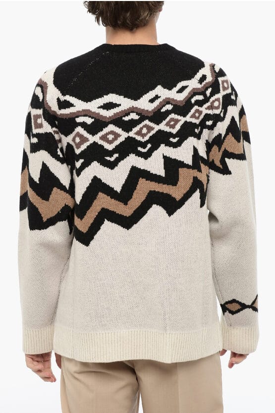 Wollen Boxy Fit trui met ronde hals in beige, Nero