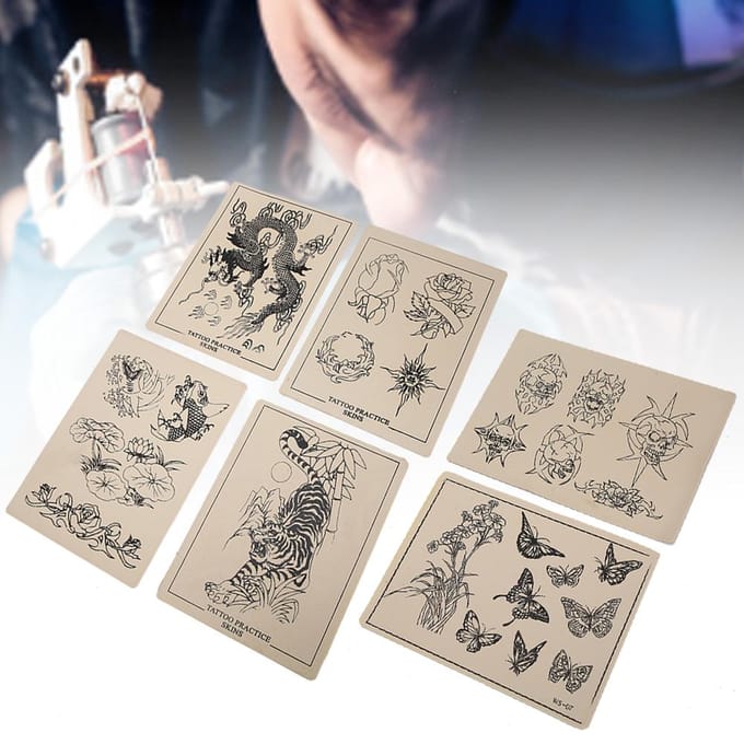 6 stuks Tattoo Oefenhuid Rubber Tattoo Training Body Art Tool met Patronen beige