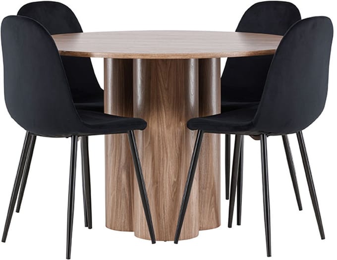 Olivia eethoek tafel Ø110cm en 4 velours stoelen bruin.