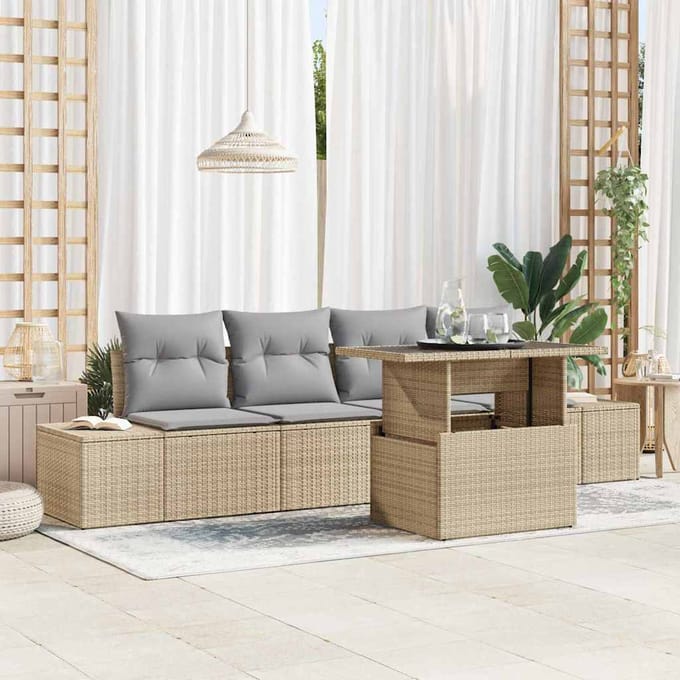 vidaXL - Bankstel - 5 - st - Beige - en - Lichtgrijs - poly - rattan