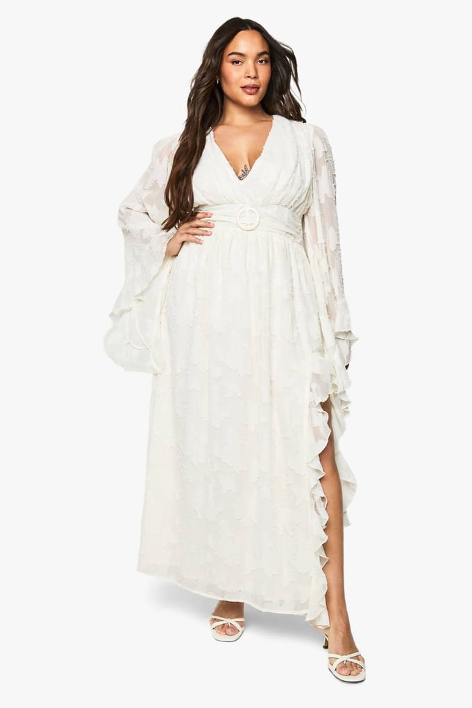 boohoo Dames Plus getextureerde maxi-jurk met uitlopende mouwen | Ivoor | Maat: 48