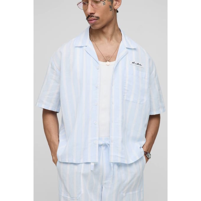 Oversized Boxy Linnen Look Streep Zak Detail Overhemd | Light Blue | Size Medium