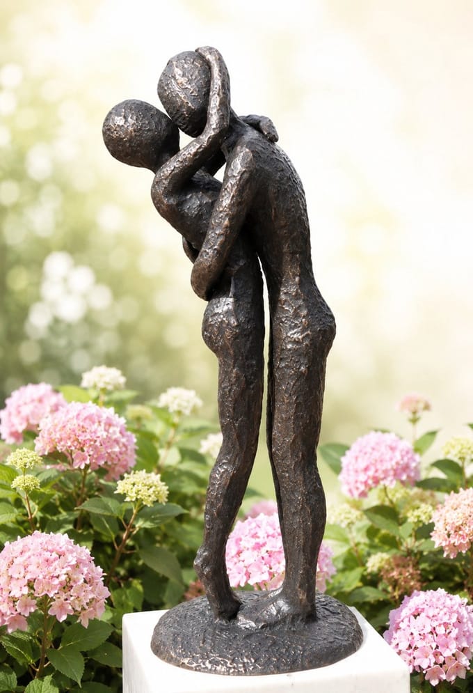 MODERN KUSSEND LIEFDESPAAR / TUINBEELD/ MENS/ BRONZEN BEELD/ BRONS/ GEHAMERD