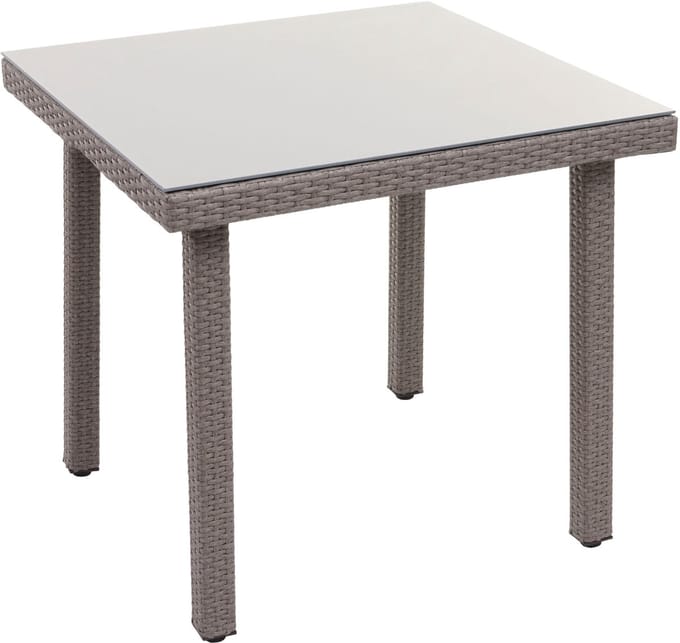 Polyrotan tuintafel Cava, eettafel bijzettafel tafel met glazen blad, 80x80cm ~ grijs