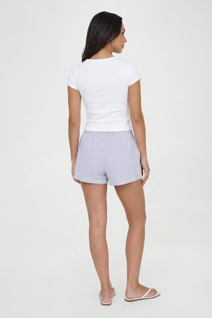 boohoo Dames Petite Gestreepte Seersucker Short Met Elastische Tailleband | Blauw | Maat: 42