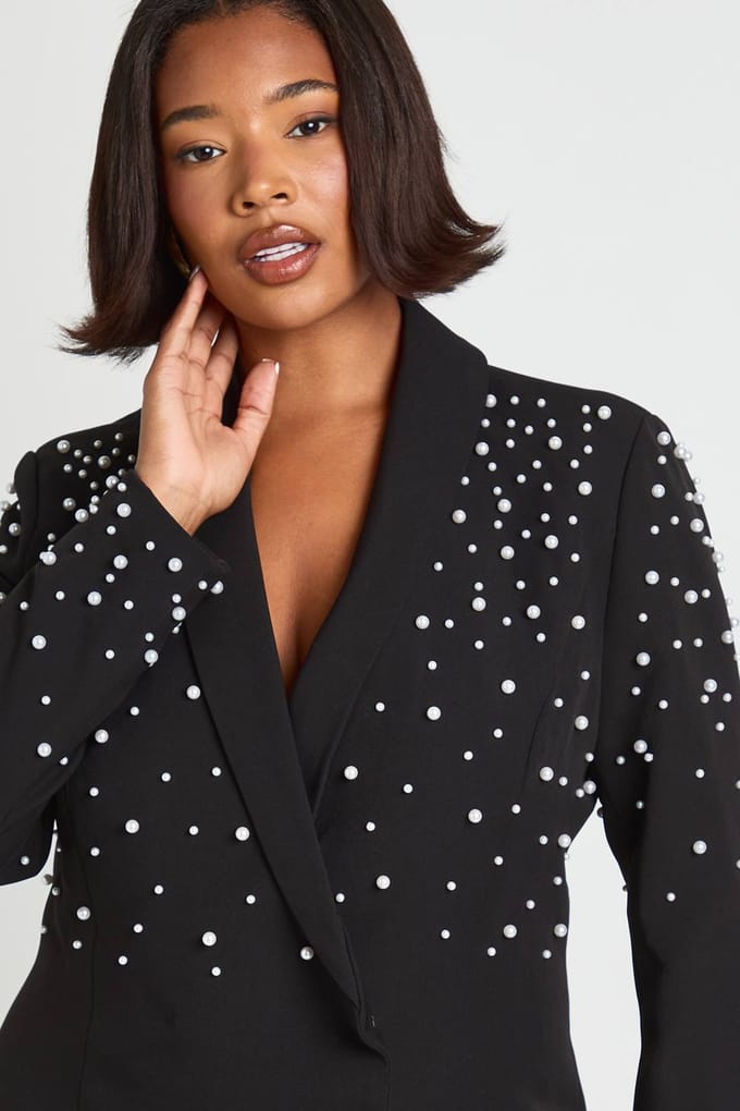 boohoo Dames Plus Parel Versierde Blazerjurk | Zwart | Maat: 48