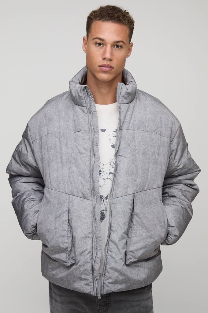 Hoge Oversized Pasvorm Gewassen Nylon Gewatteerde Trechterkraag Pufferjas | Grey | Size Medium
