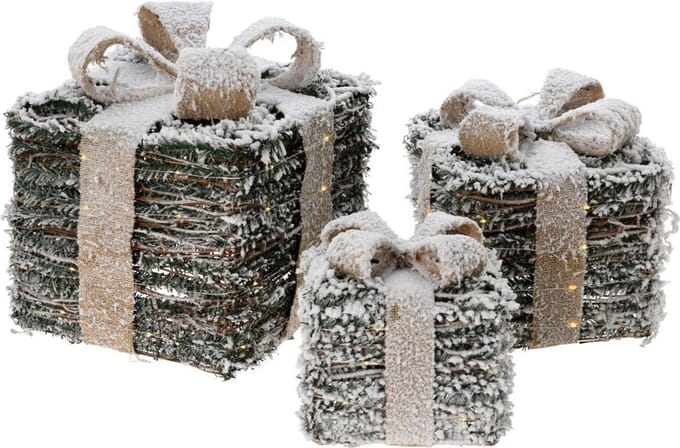 3 verlichte geschenkdozen van 17cm, 21cm en 26cm hoog - LED - Besneeuwd - 6-uurs timer