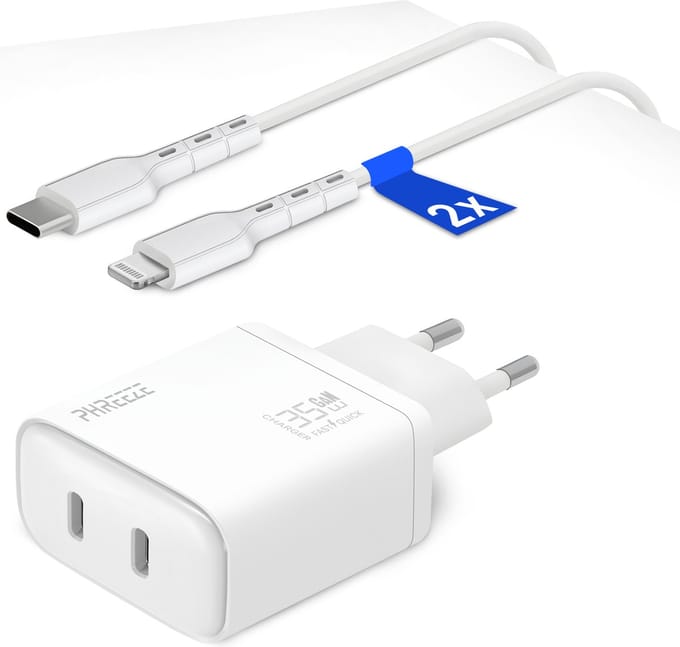 35W Snellader geschikt voor iPhone 14, iPhone 13, iPhone 12, iPhone 11 - 2x USB-C Poorten - USB C Adapter met Lightning Kabel 1 Meter