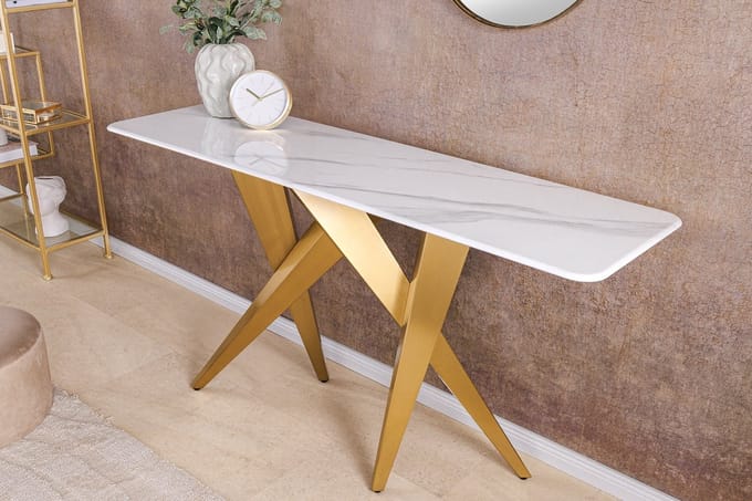 Design console tafel ART LIVING 140cm wit marmer keramiek champagne goud geborsteld - 46203