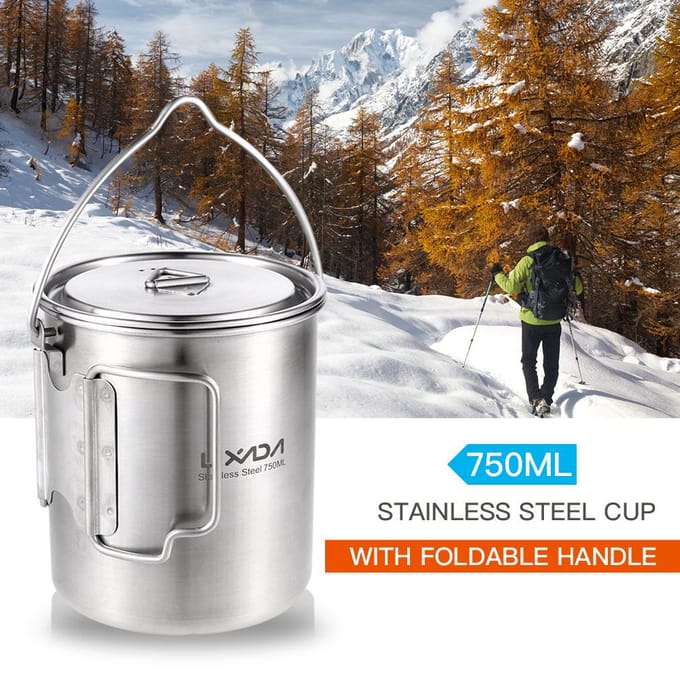 Lixada – tasse à eau Portable avec couvercle et poignée pliable, Pot de 750ml, Camping pot white