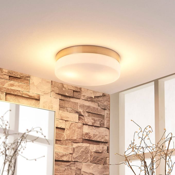 Lindby - Plafondlamp badkamer - 2lichts - Glas, metaal - H: 6.5 cm - E27 - wit, nikkel gesatineerd